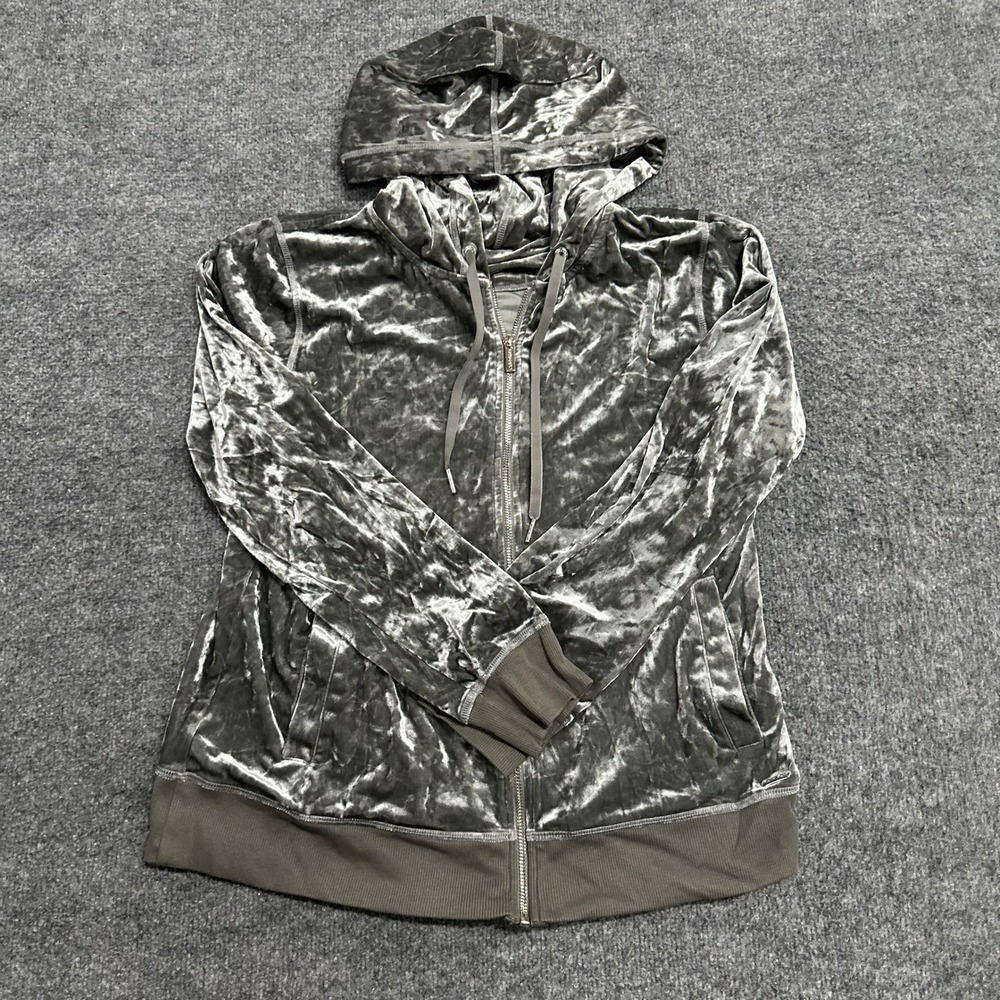Calvin Klein Hoodie Womens Size M Grey Crushed Velvet Full Zip Stretch Athletic